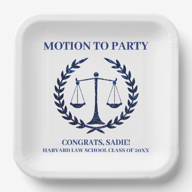 Girly Blue Sparkle Law School Graduation Paper Plates (Front)