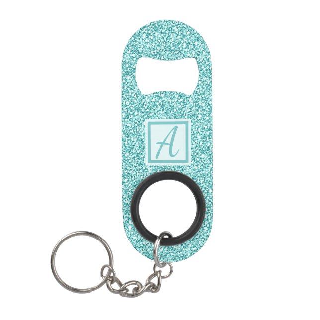 Girly Blue Sparkle Monogrammed Keychain Bottle Opener (Front)