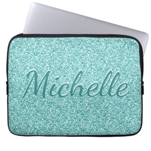 Girly Blue Sparkle Monogrammed Laptop Sleeve