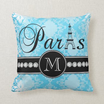 Girly Blue Vintage Damask Black Paris Monogram Throw Pillow by MonogramGalleryGifts at Zazzle