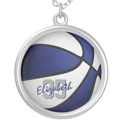 girly blue white personalized basketball silver plated necklace