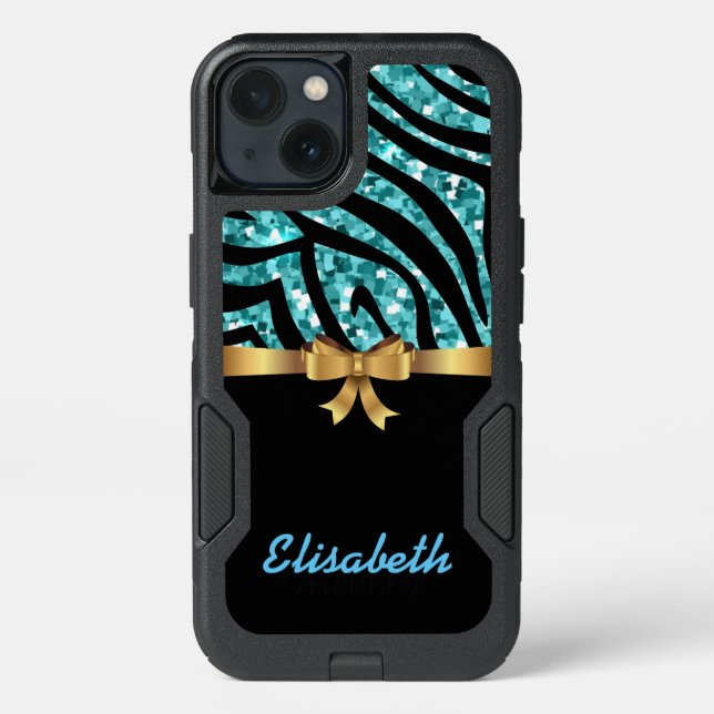 GIRLY BLUE ZEBRA glitter  black GOLD BOW monogram Otterbox iPhone Case (Back)