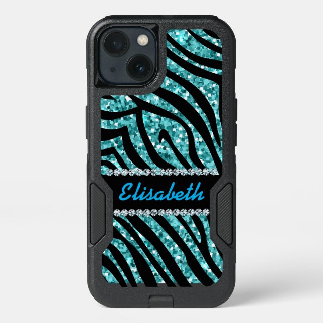 GIRLY BLUE ZEBRA glitter printed Diamonds monogram Otterbox iPhone Case (Back)