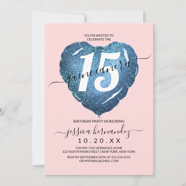 Girly Blush Blue Glitter Heart Balloon Quinceañera Invitation (Front)