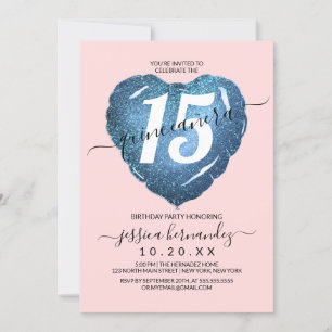 Girly Blush Blue Glitter Heart Balloon Quinceañera Invitation