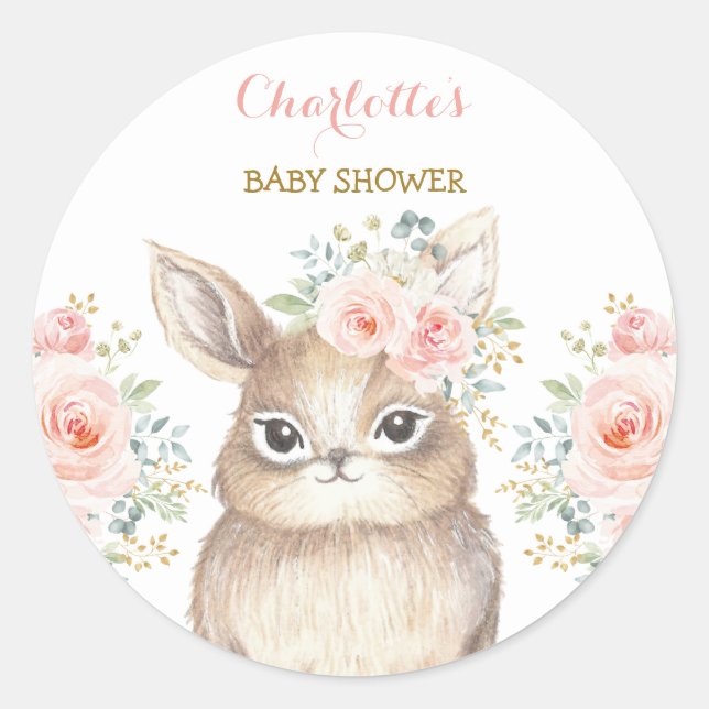 Girly Blush Bunny Rabbit Baby Shower Party Favor Classic Round Sticker (Front)