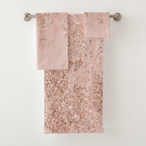 Girly blush coral faux rose gold glitter marble bath towel set