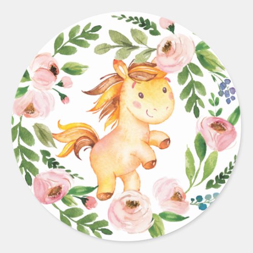 Girly Blush Floral Baby Horse Shower 1st Birthday Classic Round Sticker
