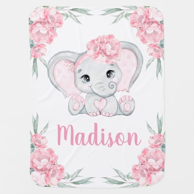 Girly Blush Floral Elephant Oversize Bow Pink Baby Blanket (Front)