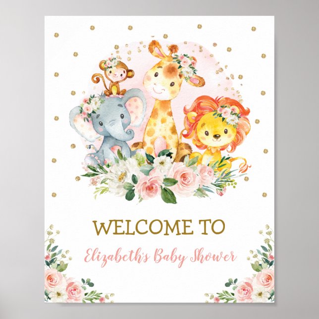 Girly Blush Floral Jungle Animals Safari Wild One Poster (Front)