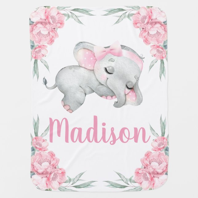 Girly Blush Floral Sleeping Elephant with Bow Pink Baby Blanket (Front)