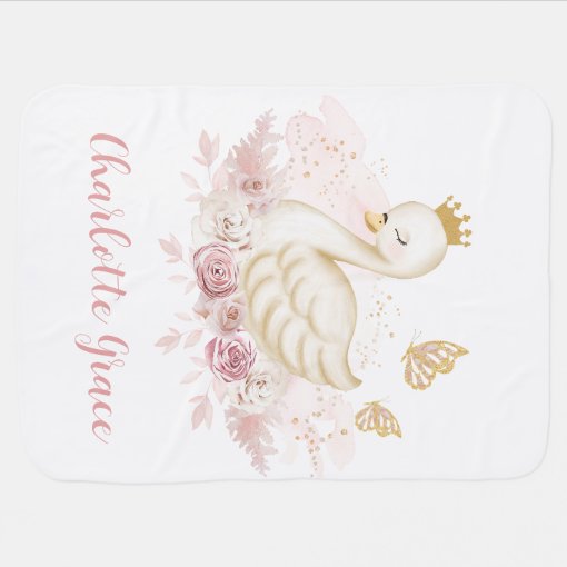 Girly Blush Floral Swan Princess with Butterflies Baby Blanket | Zazzle