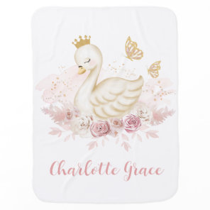 Girly Blush Floral Swan Princess with Butterflies Baby Blanket