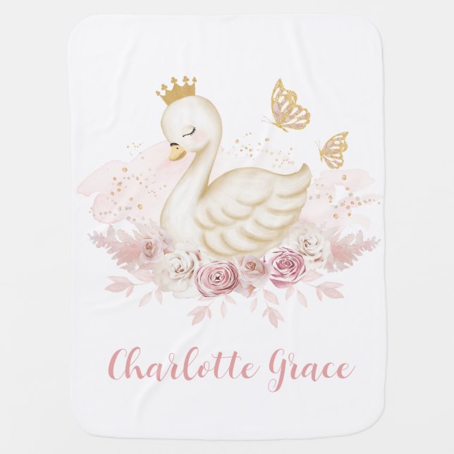 Girly Blush Floral Swan Princess with Butterflies Baby Blanket (Front)