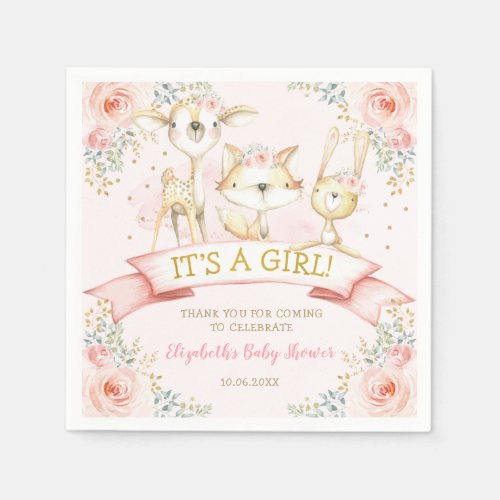 Girly Blush Floral Woodland Animals Baby Shower Napkins