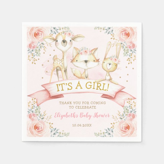 Girly Blush Floral Woodland Animals Baby Shower Napkins (Front)