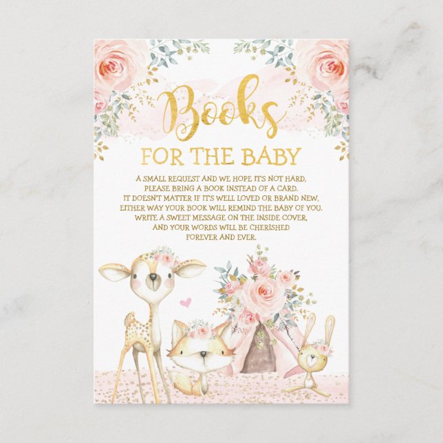 Girly Blush Floral Woodland Animals Books for Baby Enclosure Card (Front)