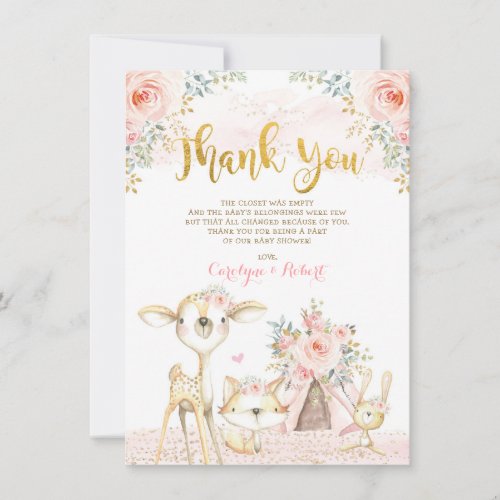 Girly Blush Gold Floral Woodland Baby Shower Thank You Card