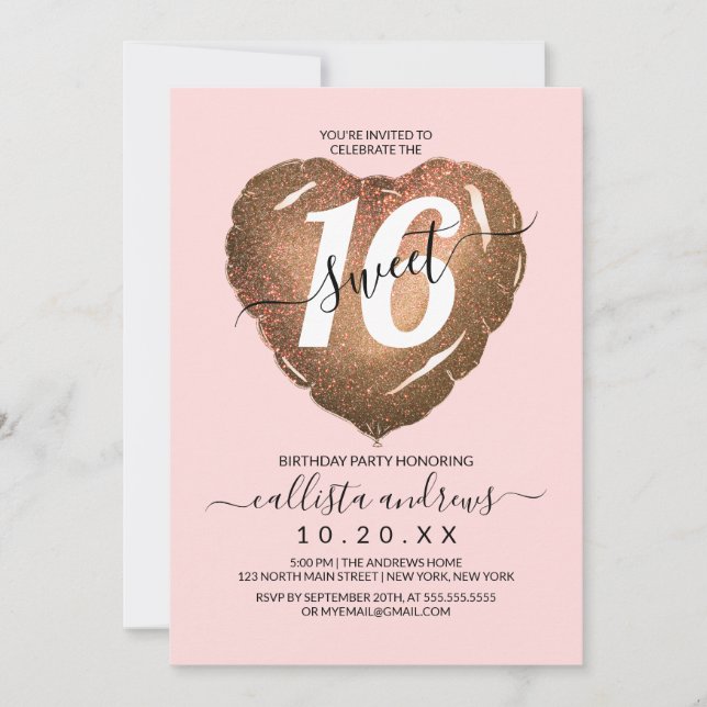 Girly Blush Gold Glitter Heart Balloon Sweet 16 Invitation (Front)