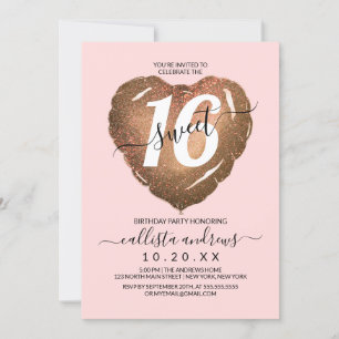 Girly Blush Gold Glitter Heart Balloon Sweet 16 Invitation