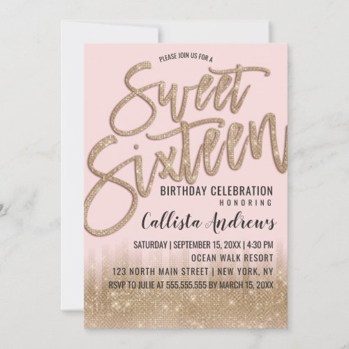 Girly Blush Gold Glitter Typography Sweet 16 Invitation