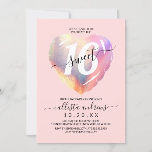 Girly Blush Iridescent Foil Heart Balloon Sweet 16 Invitation