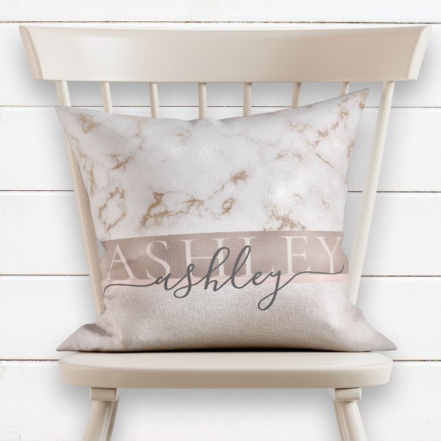 Girly Blush Marble Rose Gold Script Name Monogram Throw Pillow (Creator Uploaded)