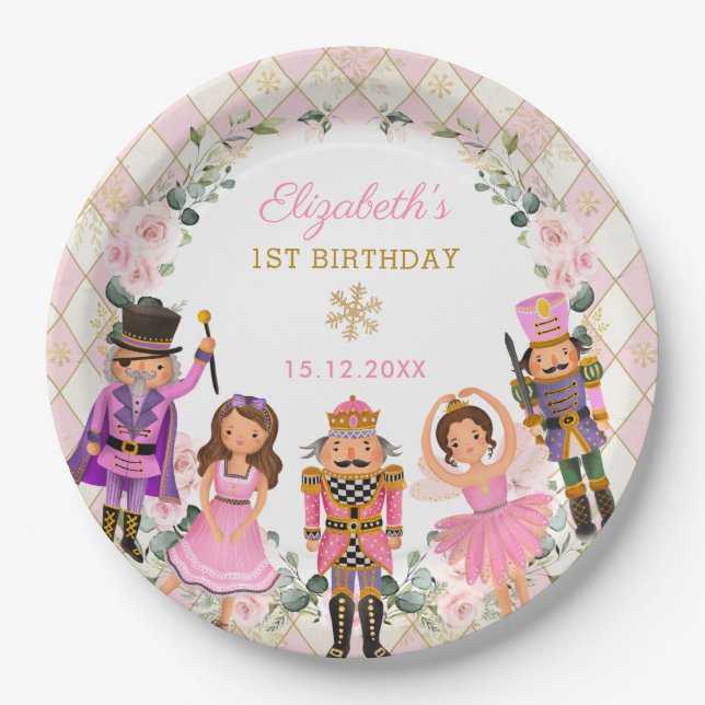 Girly Blush Nutcracker Birthday Party Baby Girl Paper Plates (Front)
