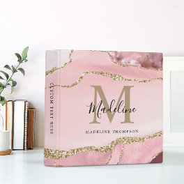 Girly Blush Pink Agate Geode Gold Script Monogram 3 Ring Binder