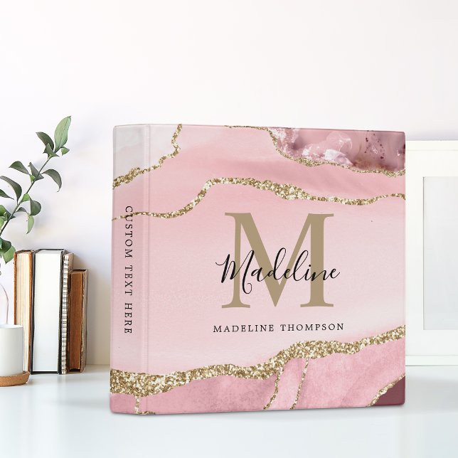 Girly Blush Pink Agate Geode Gold Script Monogram 3 Ring Binder (Creator Uploaded)