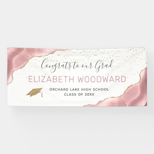 Girly Blush Pink Agate Gold Glitter Graduation Banner