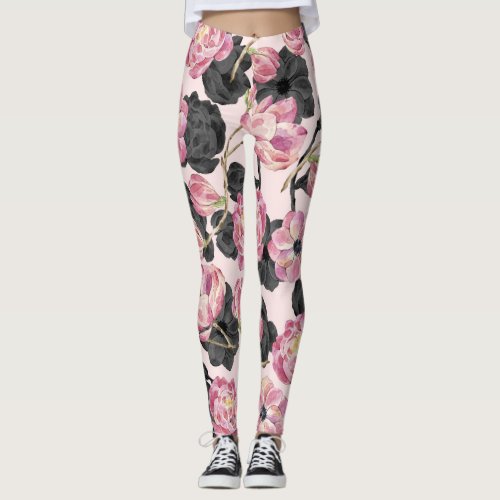 Girly Blush Pink and Black Watercolor Flowers Leggings