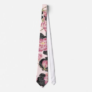 Girly Blush Pink And Black Watercolor Flowers Neck Tie by BlackStrawberry_Co at Zazzle