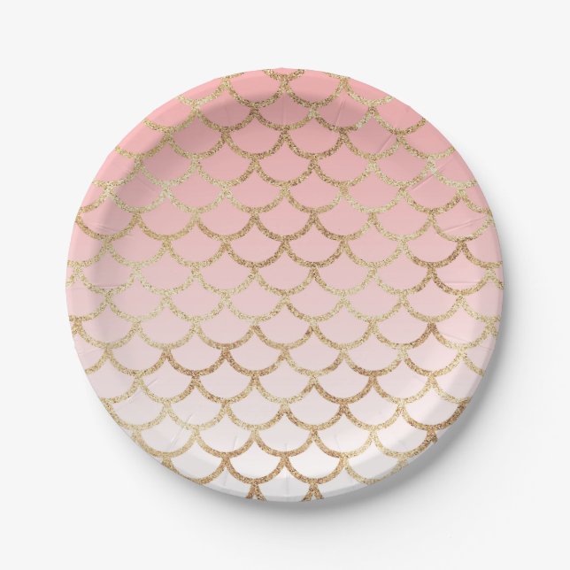 Girly Blush Pink and Gold Mermaid Glitter Sparkles Paper Plates (Front)