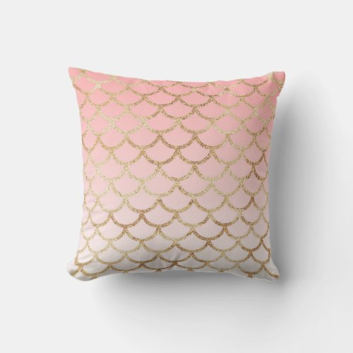 Girly Blush Pink and Gold Mermaid Glitter Sparkles Throw Pillow