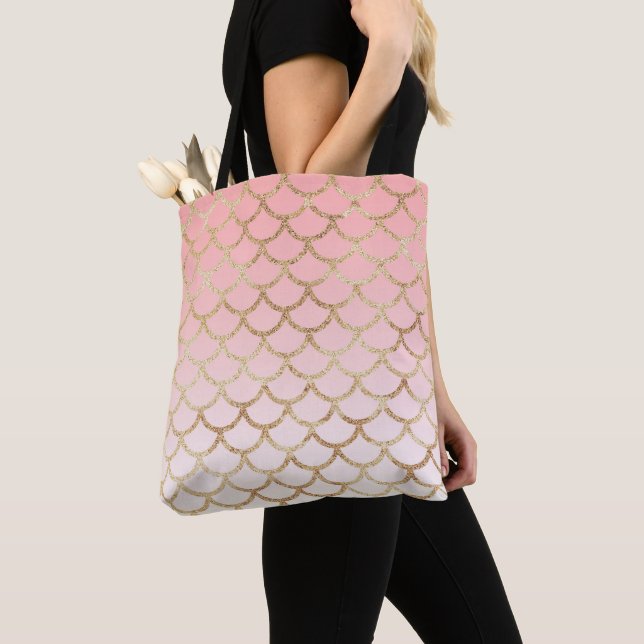Girly Blush Pink and Gold Mermaid Glitter Sparkles Tote Bag (Close Up)