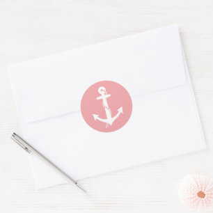 Girly Blush Pink and White Nautical Anchor Classic Round Sticker