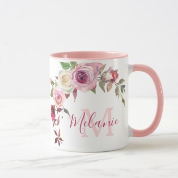 Girly Blush Pink And White Roses Name Monogram Mug by storechichi at Zazzle