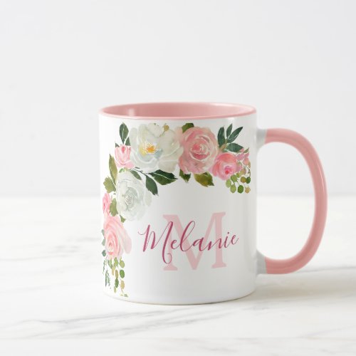 Girly Blush Pink and White Roses Name Monogram Mug