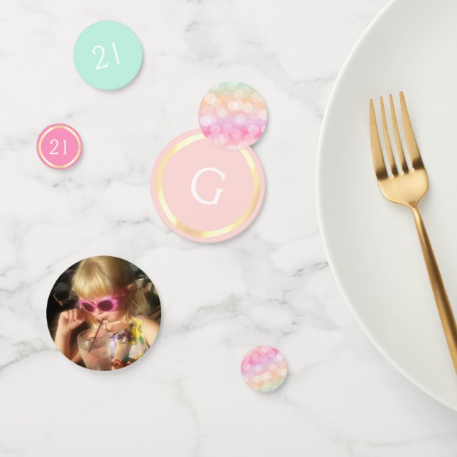 Girly Blush Pink Any Age Birthday Photo Initial Confetti (Group)