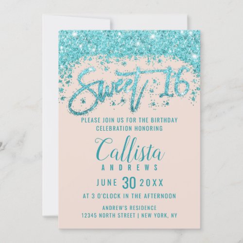 Girly Blush Pink Aqua Blue Glitter Dust Sweet 16 Invitation