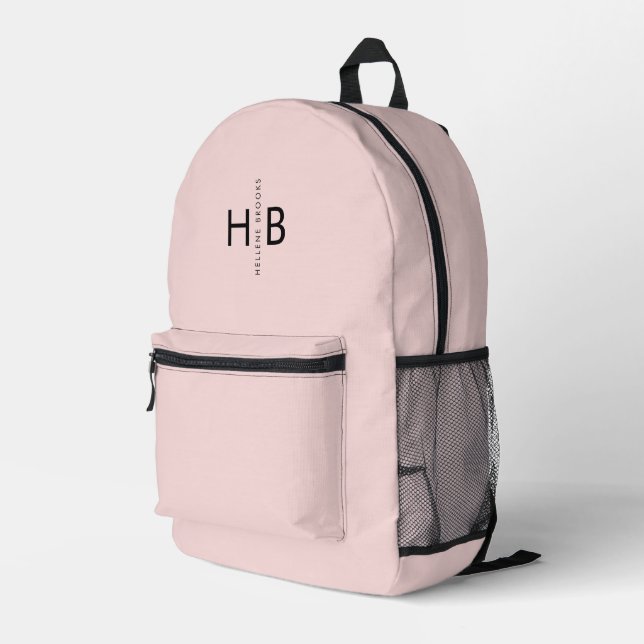 Girly Blush Pink & Black Initial Monogram Printed Backpack (Back Corner Right)