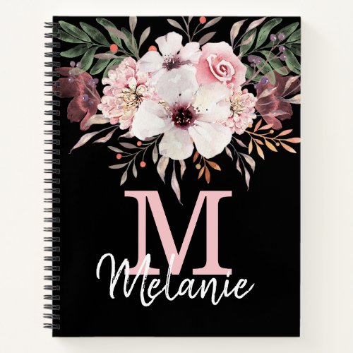 Girly Blush Pink Black Monogram Floral Notebook