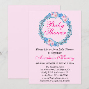 Girly Blush Pink & Blue Floral Wreath Baby Shower Invitation