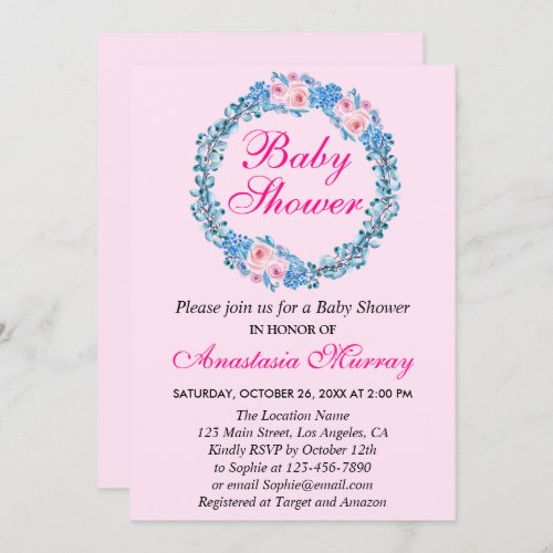 Girly Blush Pink  Blue Floral Wreath Baby Shower Invitation