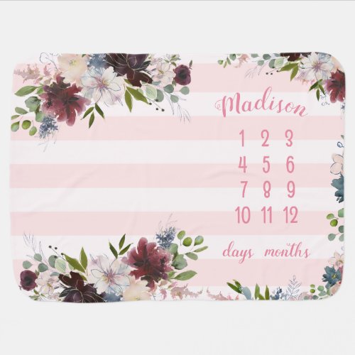 Girly Blush Pink Burgundy Navy Floral Milestone Baby Blanket