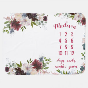 Girly Blush Pink Burgundy Navy Floral Milestone Baby Blanket