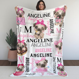 Girly Blush Pink Collage Name Cute Pugs Fleece Blanket