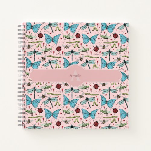Girly Blush Pink Colorful Insect Pattern Monogram Notebook