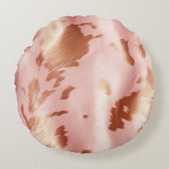Girly Blush Pink Cream Brown Cowhide Round Pillow (Front)